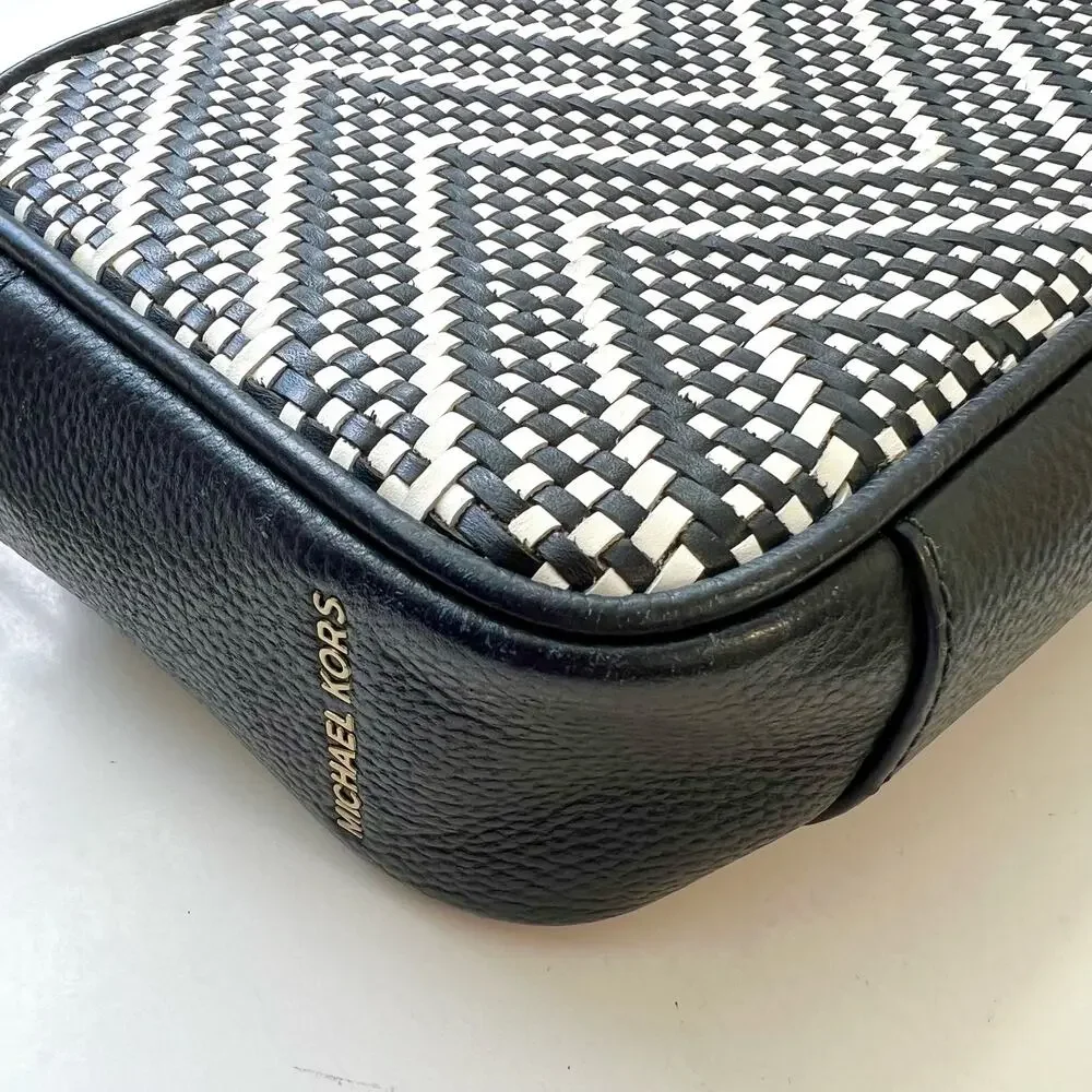 Michael Kors Ginny Camera Crossbody Bag Woven Intrecciato Chevron Leather Navy
